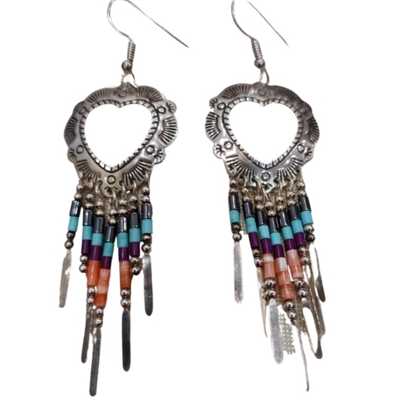 Vintage Native American Navajo TK Emerson  Silver Dangling Heart Earrings - Picture 6 of 9